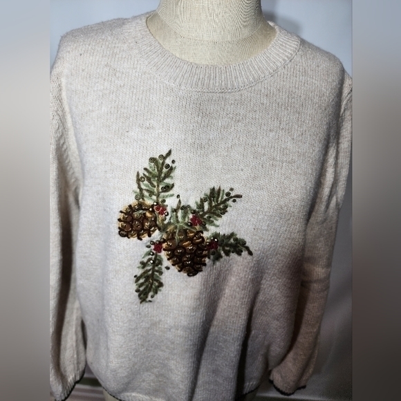 Orvis Women's‎ Wool Blend Beige Embroidered Pine Cone Crew Neck Sweater Medium - Picture 12 of 13